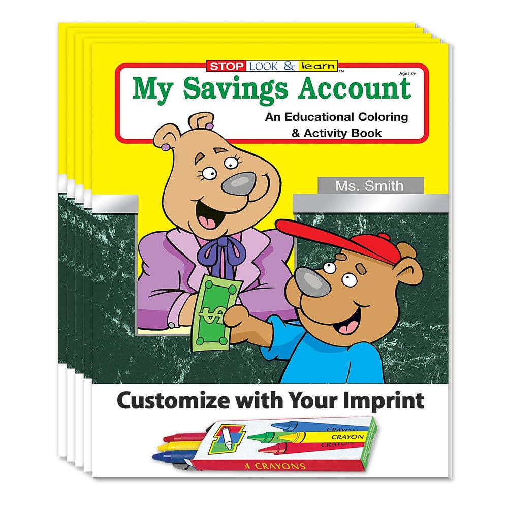 ZOCO My Saving Account Custom Coloring Books (250 Bulk Pack, with Crayons) Games to Learn About Money & Finance Credit Union, Bank Promotional Handout for Kids
