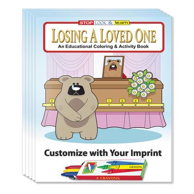 ZOCO Losing a Loved One Custom Educational Coloring and Activity Books (250 Bulk Pack, with Crayons) Funeral Home, Church Handouts for Kids Add Your Imprint