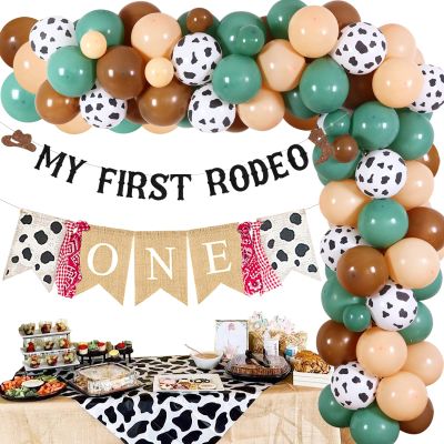 JOYMEMO Sage Green Cowboy 1st Birthday Decorations, Western Balloon Arch Garland Kit for Boys, My First Rodeo Banner, Cow One High Chair Theme Party Supplies