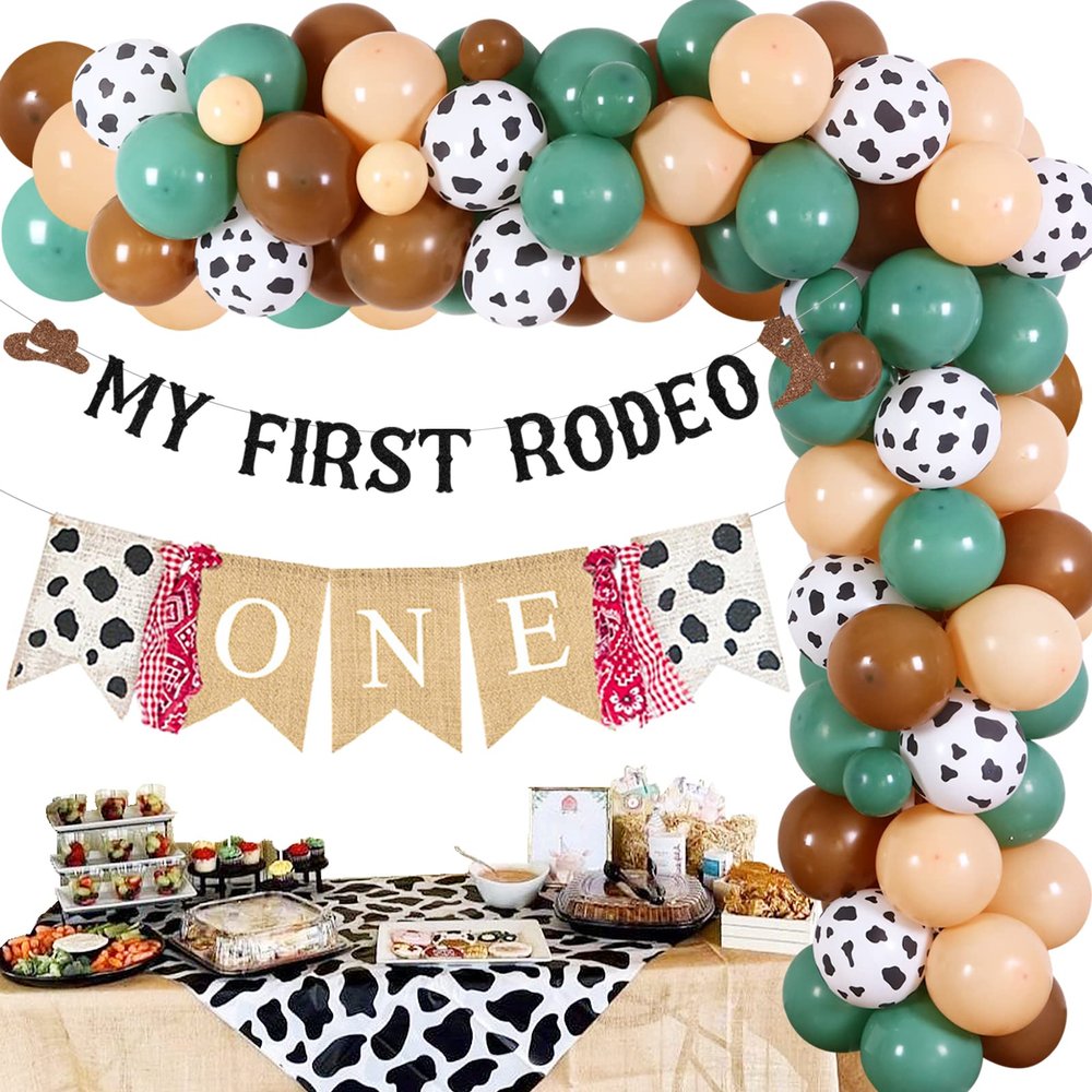 JOYMEMO Sage Green Cowboy 1st Birthday Decorations, Western Balloon Arch Garland Kit for Boys, My First Rodeo Banner, Cow One High Chair Theme Party Supplies