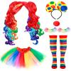 Canlierr 6 Pcs Women Clown Costume Rainbow Wig Tutu Skirt Eyelashes Clown Nose Socks for Halloween Party(Large)