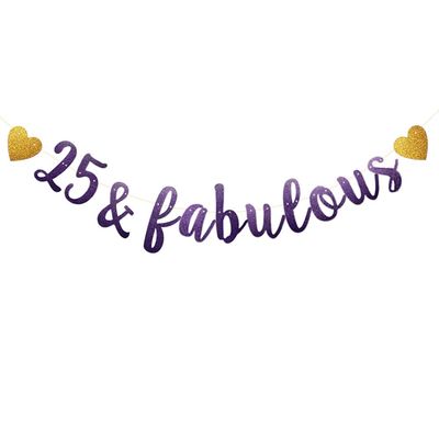 25 & Fabulous Banner, Purple Glitter Paper Banner Sign Garlands,25th Birthday / Anniversary Party Decorations Supplies,Letters Purple,SUNbetterland