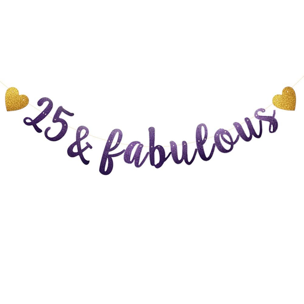 25 & Fabulous Banner, Purple Glitter Paper Banner Sign Garlands,25th Birthday / Anniversary Party Decorations Supplies,Letters Purple,SUNbetterland