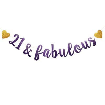 21 & Fabulous Banner, Purple Glitter Paper Banner Sign Garlands,21st Birthday/Anniversary Party Decorations Supplies,Letters Purple,SUNbetterland