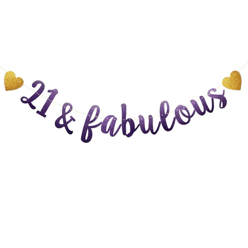 21 & Fabulous Banner, Purple Glitter Paper Banner Sign Garlands,21st Birthday/Anniversary Party Decorations Supplies,Letters Purple,SUNbetterland