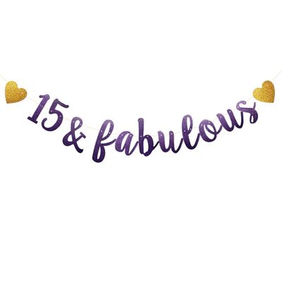 15 & Fabulous Banner, Purple Glitter Paper Banner Sign Garlands,15th Birthday/Anniversary Party Decorations Supplies,Letters Purple,SUNbetterland