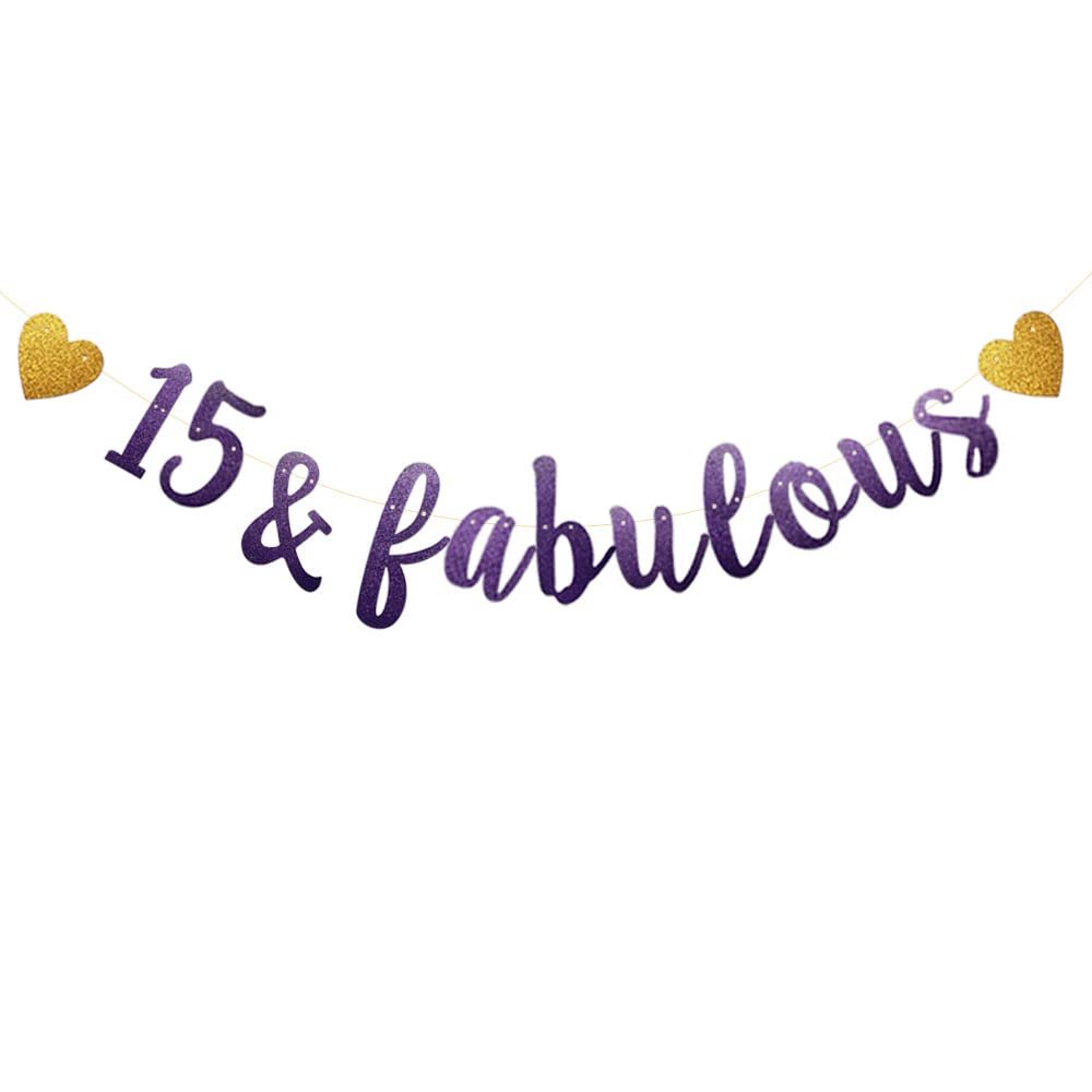 15 & Fabulous Banner, Purple Glitter Paper Banner Sign Garlands,15th Birthday/Anniversary Party Decorations Supplies,Letters Purple,SUNbetterland