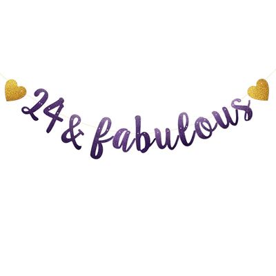 24 & Fabulous Banner, Purple Glitter Paper Banner Sign Garlands,24th Birthday/Anniversary Party Decorations Supplies,Letters Purple,SUNbetterland