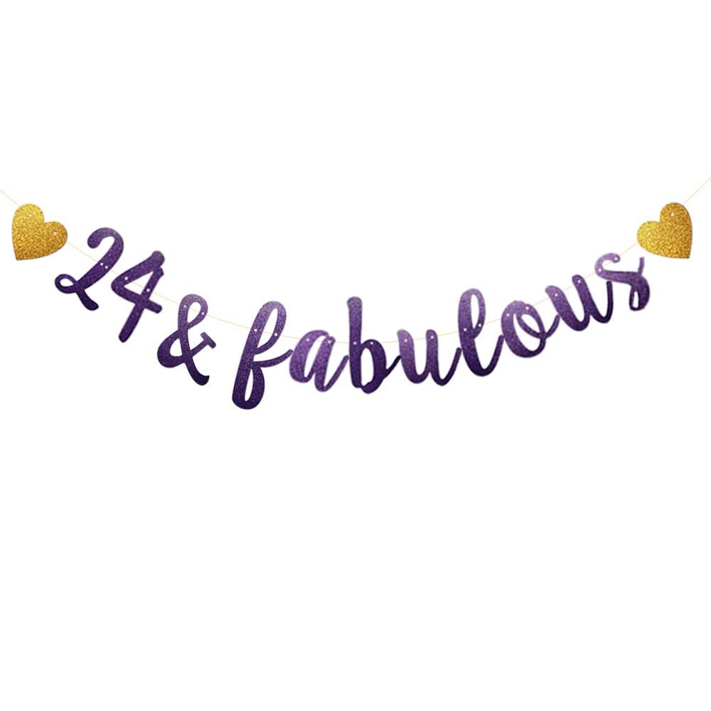 24 & Fabulous Banner, Purple Glitter Paper Banner Sign Garlands,24th Birthday/Anniversary Party Decorations Supplies,Letters Purple,SUNbetterland