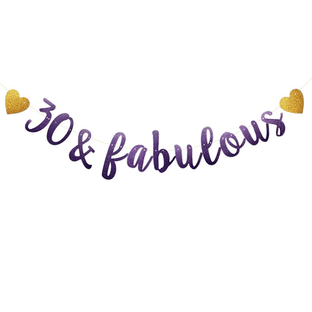 30 & Fabulous Banner, Purple Glitter Paper Banner Sign Garlands,30th Birthday/Anniversary Party Decorations Supplies,Letters Purple,SUNbetterland