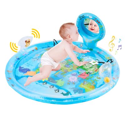 Tummy Time Mat Extra Large 31.5"31.5" for 3-12 Months Baby, Inflatable Water Playmat with Mirror, Teethers, Rattles & Squeaker, Sensory Activity Center for Motor Development, Visual Stimulation