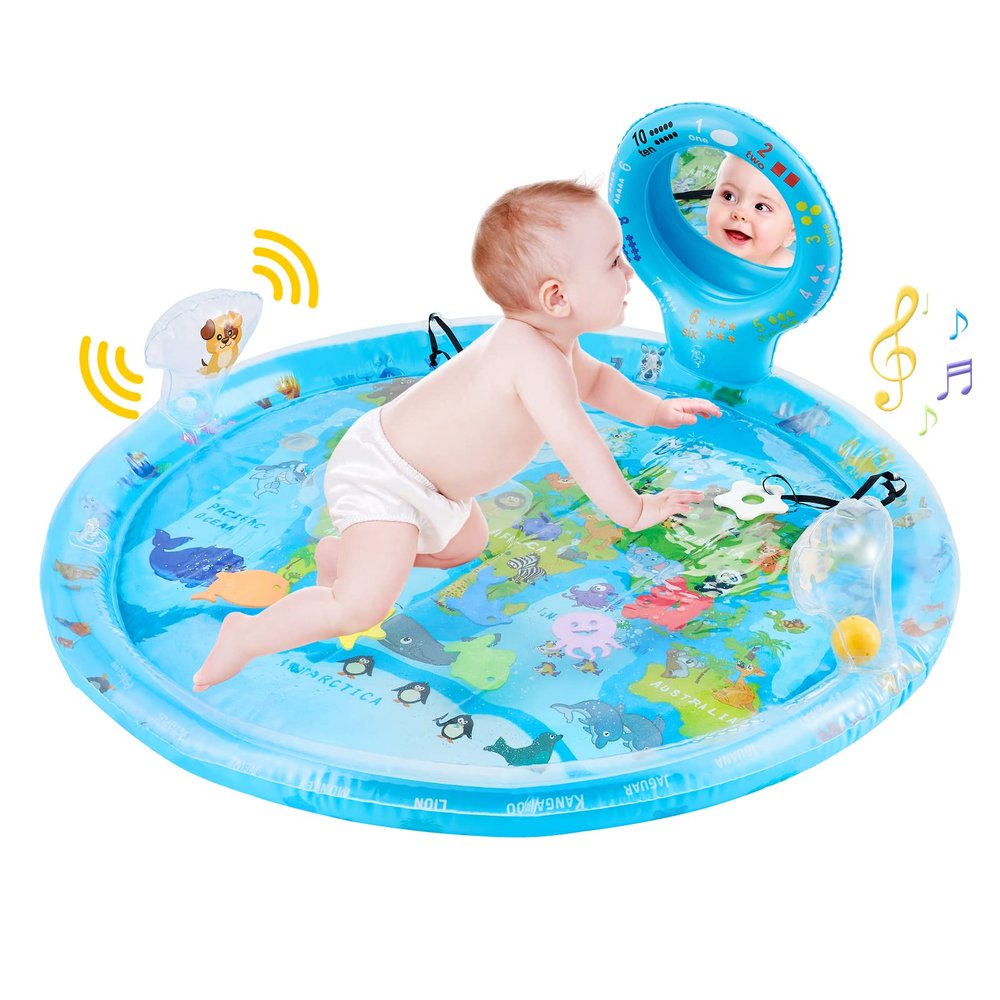 Tummy Time Mat Extra Large 31.5"31.5" for 3-12 Months Baby, Inflatable Water Playmat with Mirror, Teethers, Rattles & Squeaker, Sensory Activity Center for Motor Development, Visual Stimulation