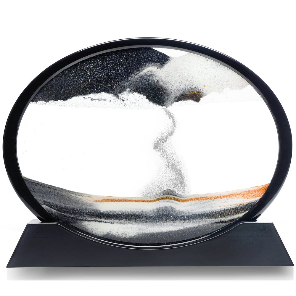 Atigrado Large Zen 12" Moving Sand Art - Large Round Glass Frame with Mindful Black Sand - 3D Deep Sea Sandscape Hourglass for Office & Home Decor, Stress Relief & Meditation Aid for Adults