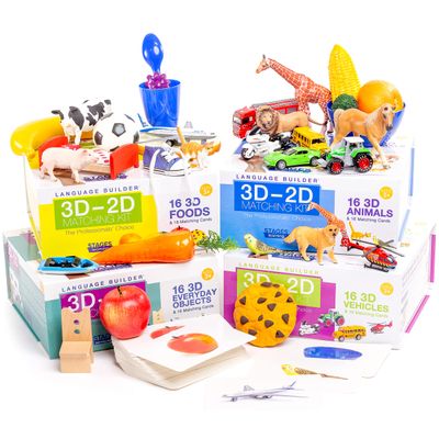 Stages Learning Materials Language Builder 4 Box Set of 3D- 2D Noun Flash Cards and Realistic Toy Figures Vocabulary Autism Learning Products for ABA Therapy and Speech Articulation