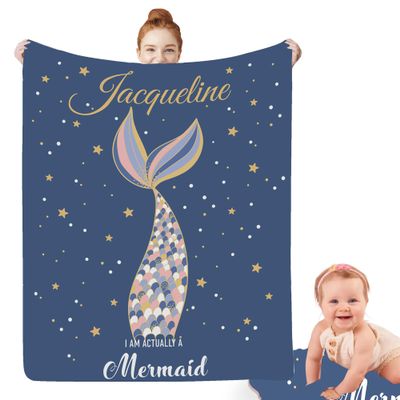 Artsadd Personalized Mermaid Gift for Girls, Custom Mermaid Tail Throw Blanket with Name, Personalized Name Receiving Swaddle Blanket for Infant Newborn Toddler, Customized Baby Girl Gifts 30"x40"