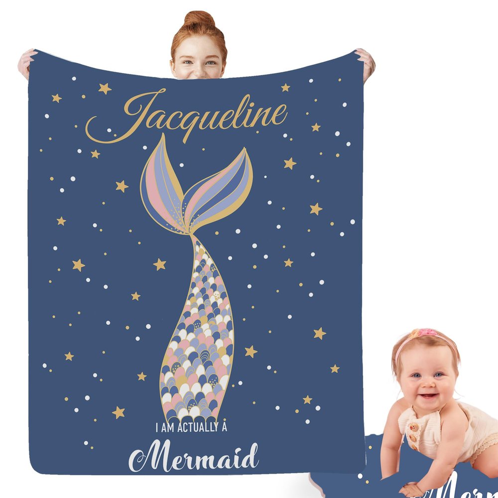 Artsadd Personalized Mermaid Gift for Girls, Custom Mermaid Tail Throw Blanket with Name, Personalized Name Receiving Swaddle Blanket for Infant Newborn Toddler, Customized Baby Girl Gifts 30"x40"