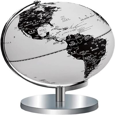 Black And White World Globe Lighting Led World Globe For Home Office 9.8" With Chrome Metal Base Stand