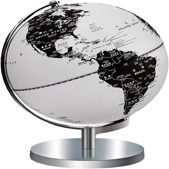 Black And White World Globe Lighting Led World Globe For Home Office 9.8" With Chrome Metal Base Stand
