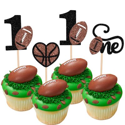 24 PCS Rugby Ball One Cupcake Toppers Glitter Love Heart American Football 2st Birthday Cupcake Picks for Rugby Sports Theme Baby Shower Kids First Birthday Party Cake Decorations