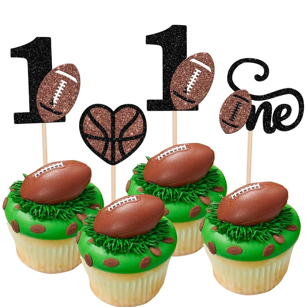 24 PCS Rugby Ball One Cupcake Toppers Glitter Love Heart American Football 2st Birthday Cupcake Picks for Rugby Sports Theme Baby Shower Kids First Birthday Party Cake Decorations