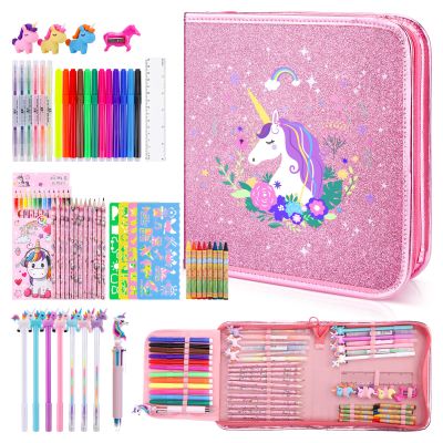 MAIGOZON Fruit Scented Markers Set 56Pcs with Glitter Unicorn Pencil Case & Stationery,Art Supplies for Kids Ages 4-6-8, Art Coloring Kits Box,Gifts Toy for Girls Age 5,7,Pencil&Crayon Drawing Stuff