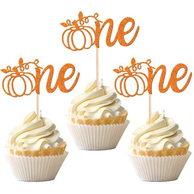 24 PCS Pumpkin 1st Birthday Cupcake Toppers Glitter Fall Theme First Birthday Cupcake Picks Pumpkin One Cake Decorations for Baby Shower Kids 1st Birthday Party Supplies Orange