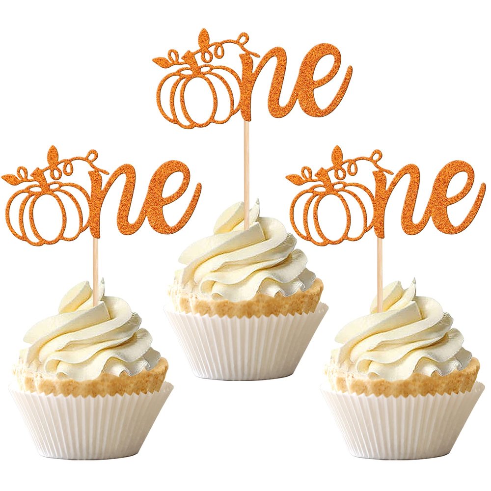 24 PCS Pumpkin 1st Birthday Cupcake Toppers Glitter Fall Theme First Birthday Cupcake Picks Pumpkin One Cake Decorations for Baby Shower Kids 1st Birthday Party Supplies Orange