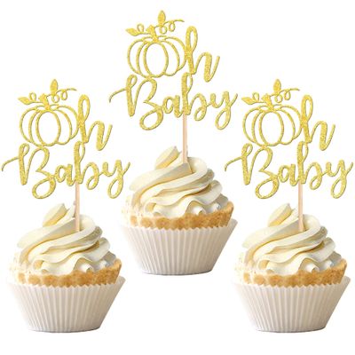 24 PCS Pumpkin Oh Baby Cupcake Toppers Glitter Gender Reveal Pumpkin Cupcake Picks for Fall Theme Baby Shower Kids Birthday Party Cake Decorations Supplies Gold