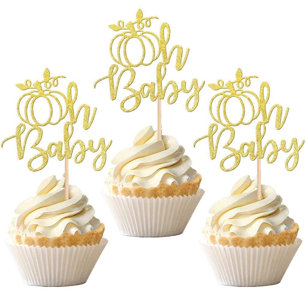 24 PCS Pumpkin Oh Baby Cupcake Toppers Glitter Gender Reveal Pumpkin Cupcake Picks for Fall Theme Baby Shower Kids Birthday Party Cake Decorations Supplies Gold