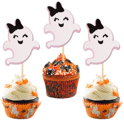 24 PCS Ghost Cupcake Toppers Pink and Black Glitter Bow Spooky Halloween Cupcake Picks for Halloween Ghost Theme Baby Shower Kids Birthday Party Cake Decorations Supplies