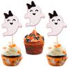 24 PCS Ghost Cupcake Toppers Pink and Black Glitter Bow Spooky Halloween Cupcake Picks for Halloween Ghost Theme Baby Shower Kids Birthday Party Cake Decorations Supplies view 1