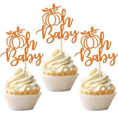 24 PCS Pumpkin Oh Baby Cupcake Toppers Glitter Fall Theme pumpkin Cupcake Picks Baby Shower Cake Decorations for Pumpkin Theme Gender Reveal Kids Birthday Party Supplies Orange