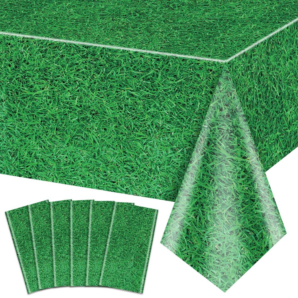 6 Pack Green Grass Tablecloths, 87x51'' Grass Pattern Plastic Disposable Table Cover Football Field Soccer Field Table Cloth for Sports Theme Parties Supplies Golf Soccer Football Event Decorations