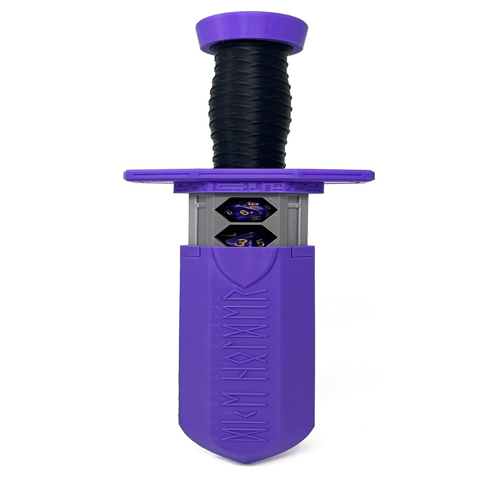 MunnyGrubbers - Sword Dagger Dice Holder - (Random 7PCS D20 Dice Set Included) - Custom Polyhedral Dice Storage for Tabletop RPG - Dungeons and Dragons - DND - D&D (Lavender)