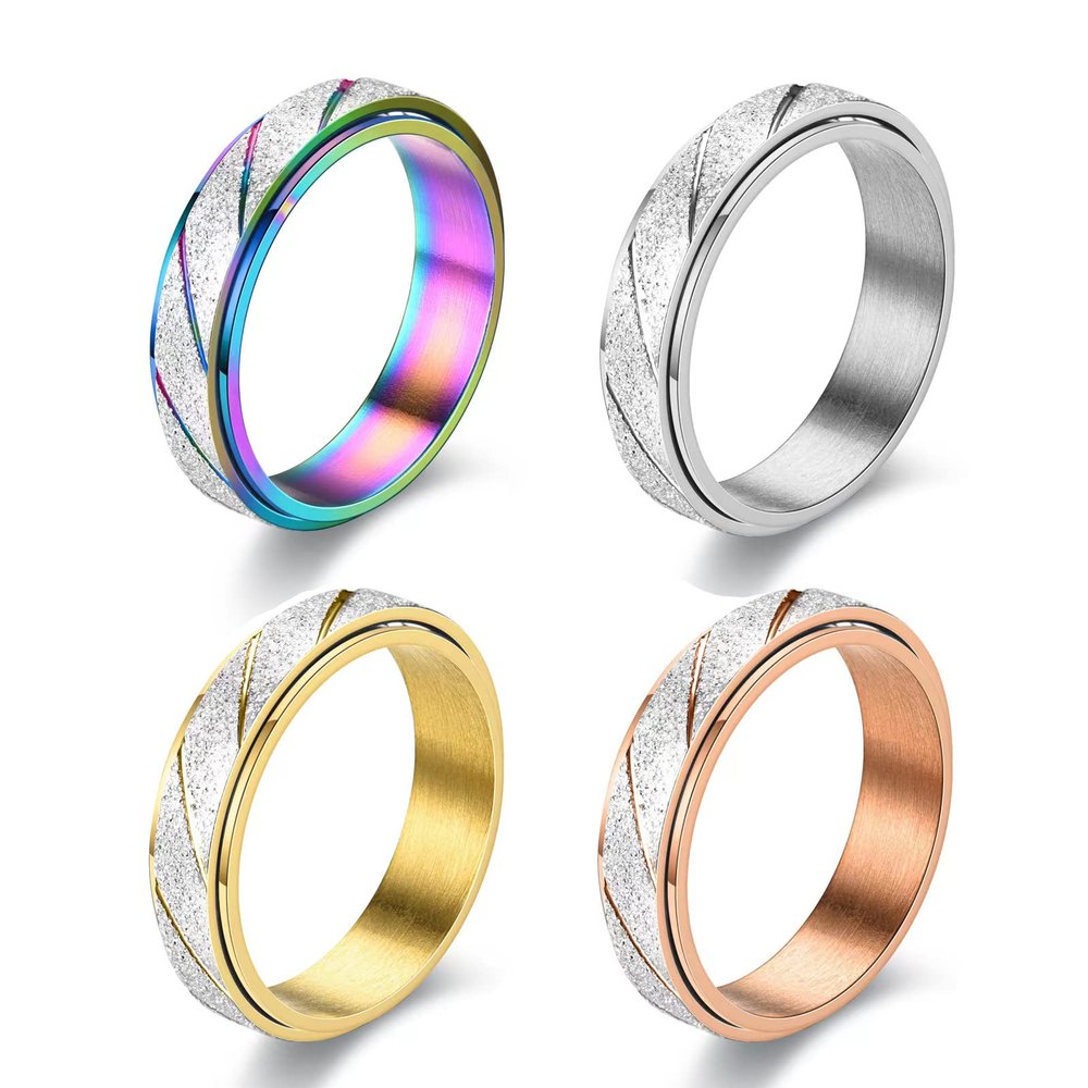 SHOLLY Anxiety Rings Fidget for Women Stress Relief Spinner Teen Girls 4Pcs 6MM Titanium Steel Size 5-11 (6mm 4pcs/ Frosted+Diagonal, 11)