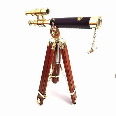 Telescope Brass Leather Antique Shinny Brass Handmade Tripod Wooden Stand Nautical Telescope/Marine Maritime Telescope