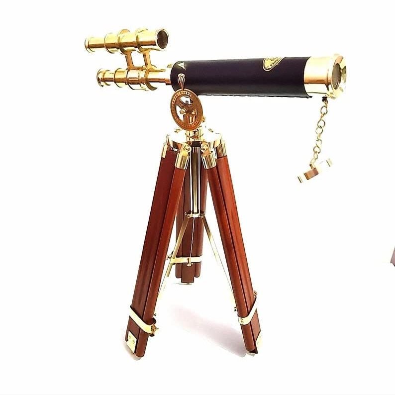 Telescope Brass Leather Antique Shinny Brass Handmade Tripod Wooden Stand Nautical Telescope/Marine Maritime Telescope