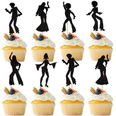 24 PCS Black Glitter 70s Disco Cupcake Toppers - Disco Dancing Cupcake Picks - Cake Decorations for Music Theme Wedding & Birthday Party Supplies