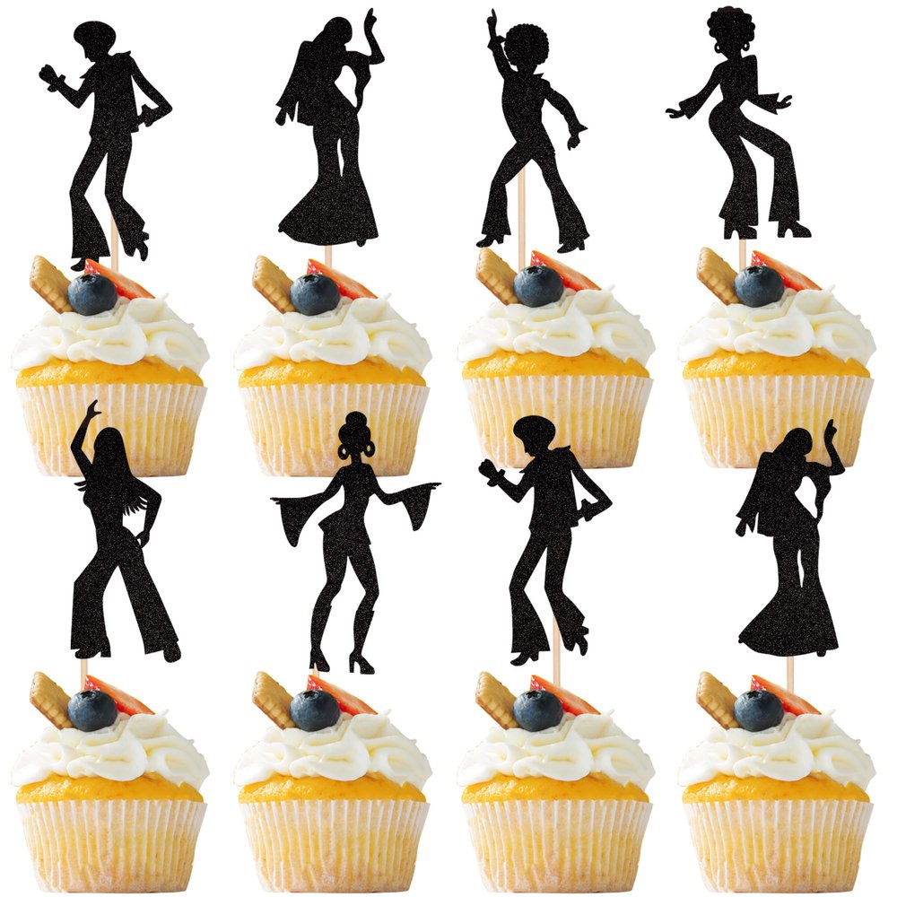 24 PCS Black Glitter 70s Disco Cupcake Toppers - Disco Dancing Cupcake Picks - Cake Decorations for Music Theme Wedding & Birthday Party Supplies