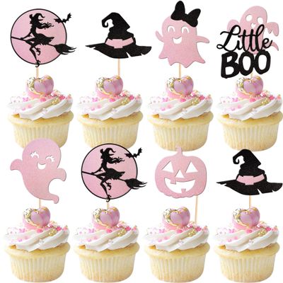 24 PCS Halloween Cupcake Toppers - Pink & Black Glitter Ghost, Little Boo, Witch Hat, Pumpkin Cake Decorations for Baby Shower, Birthday Party Supplies