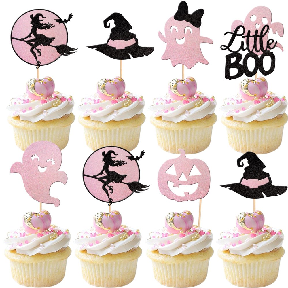 24 PCS Halloween Cupcake Toppers - Pink & Black Glitter Ghost, Little Boo, Witch Hat, Pumpkin Cake Decorations for Baby Shower, Birthday Party Supplies