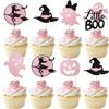 24 PCS Halloween Cupcake Toppers - Pink & Black Glitter Ghost, Little Boo, Witch Hat, Pumpkin Cake Decorations for Baby Shower, Birthday Party Supplies view 1