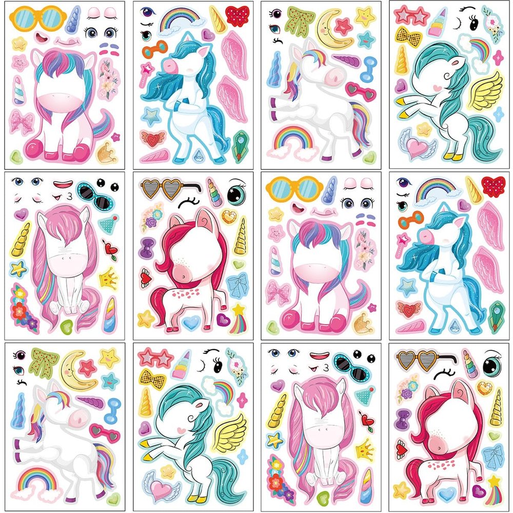 24 Sheets 8.27''5.9'' Make Your Own Unicorns Stickers for Kids Toddlers, Make a Face Stickers for Kids Party Favors Activities