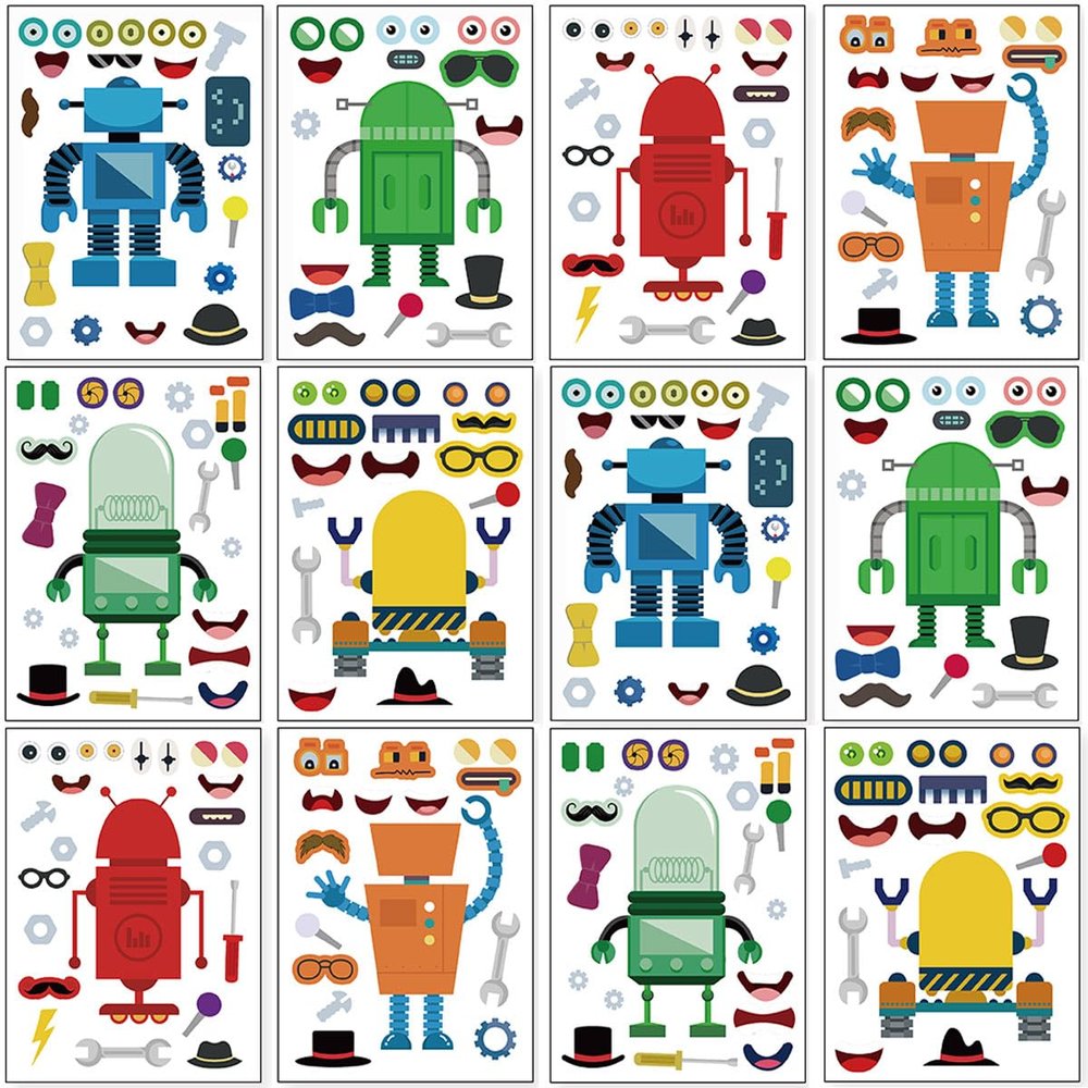 24 Sheets 8.27''5.9'' Make Your Own Robot Stickers for Kids Toddlers, Make a Face Stickers for Kids Party Favors Activities
