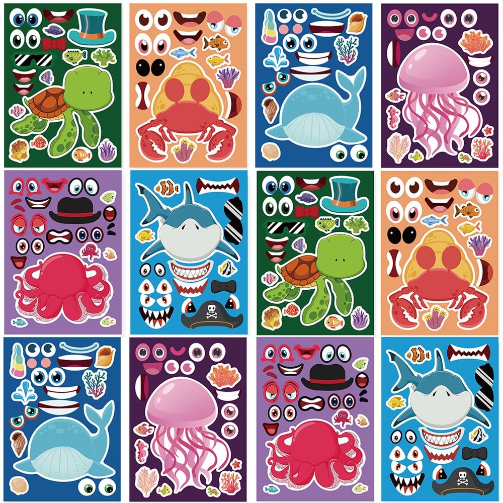 24 Sheets 8.27''5.9'' Make Your Own Sea Animals Stickers for Kids Toddlers, Make a Face Stickers for Kids Party Favors Activities