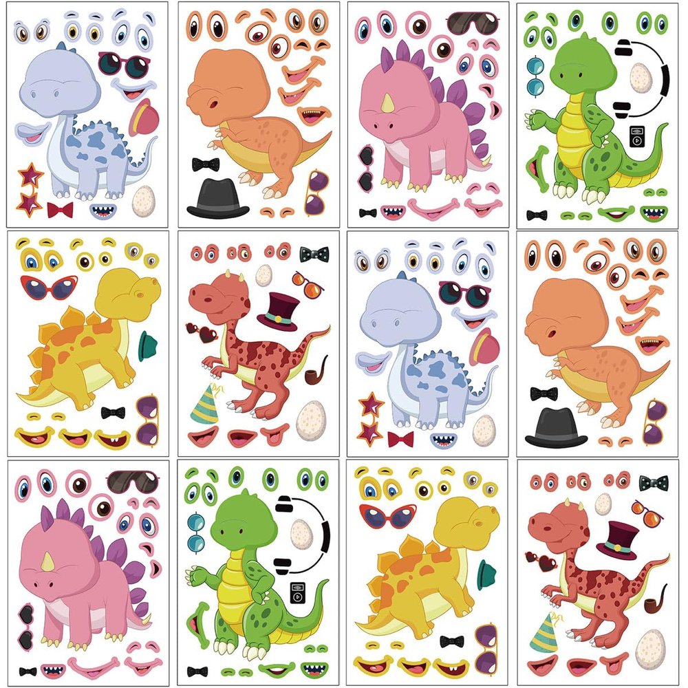24 Sheets 8.27''5.9'' Make Your Own Dinosaur Stickers for Kids Toddlers, Make a Face Stickers for Kids Party Favors Activities