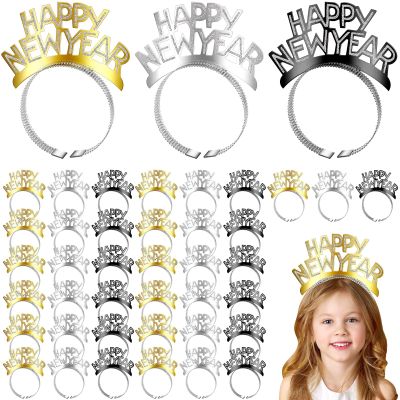 Yilloog 48 Pcs 2026 Happy New Year Headband Tiara Glitter Party Supplies for New Years Eve Party Decorations(Gold, Silver and Black)