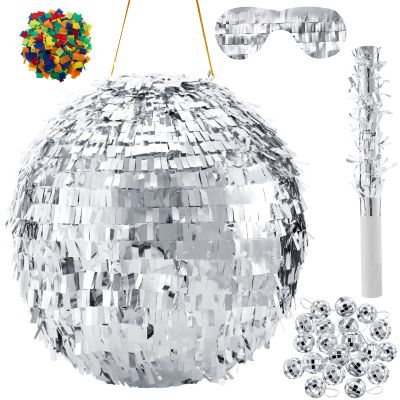 Lewtemi 11.8 Inch Silver Disco Ball Piata with 1 Piata Bat 1 Blindfold 1 Bag of Confetti and 20 Small Mirror Balls for Disco Themed Birthday Wedding Party Supplies