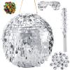 Lewtemi 11.8 Inch Silver Disco Ball Piata with 1 Piata Bat 1 Blindfold 1 Bag of Confetti and 20 Small Mirror Balls for Disco Themed Birthday Wedding Party Supplies view 1