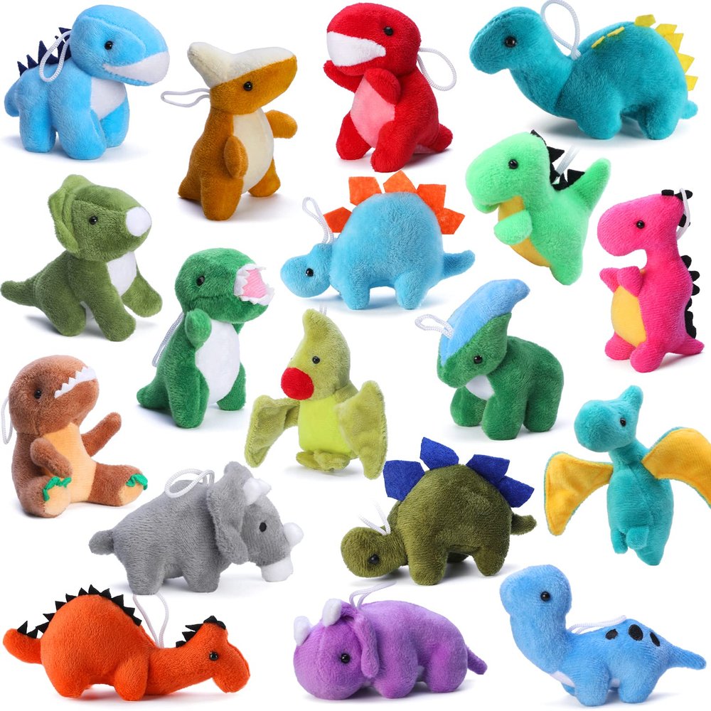 18 Pack Plush Dinosaur Toys Bulk, Mini Soft Stuffed Animal Cute Dinosaur Figures, Keychain Decoration for Goodie Bag Filler, Claw Machine, Treasure Chest Prizes, Birthday Party Favor for Kids